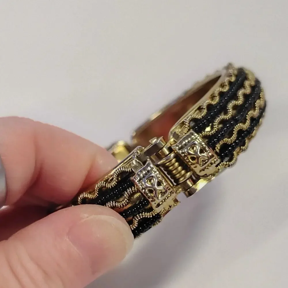 Hinged Bangle Bracelet Gold Black Gimp Trim Fabric Gold-tone Metal 2.5